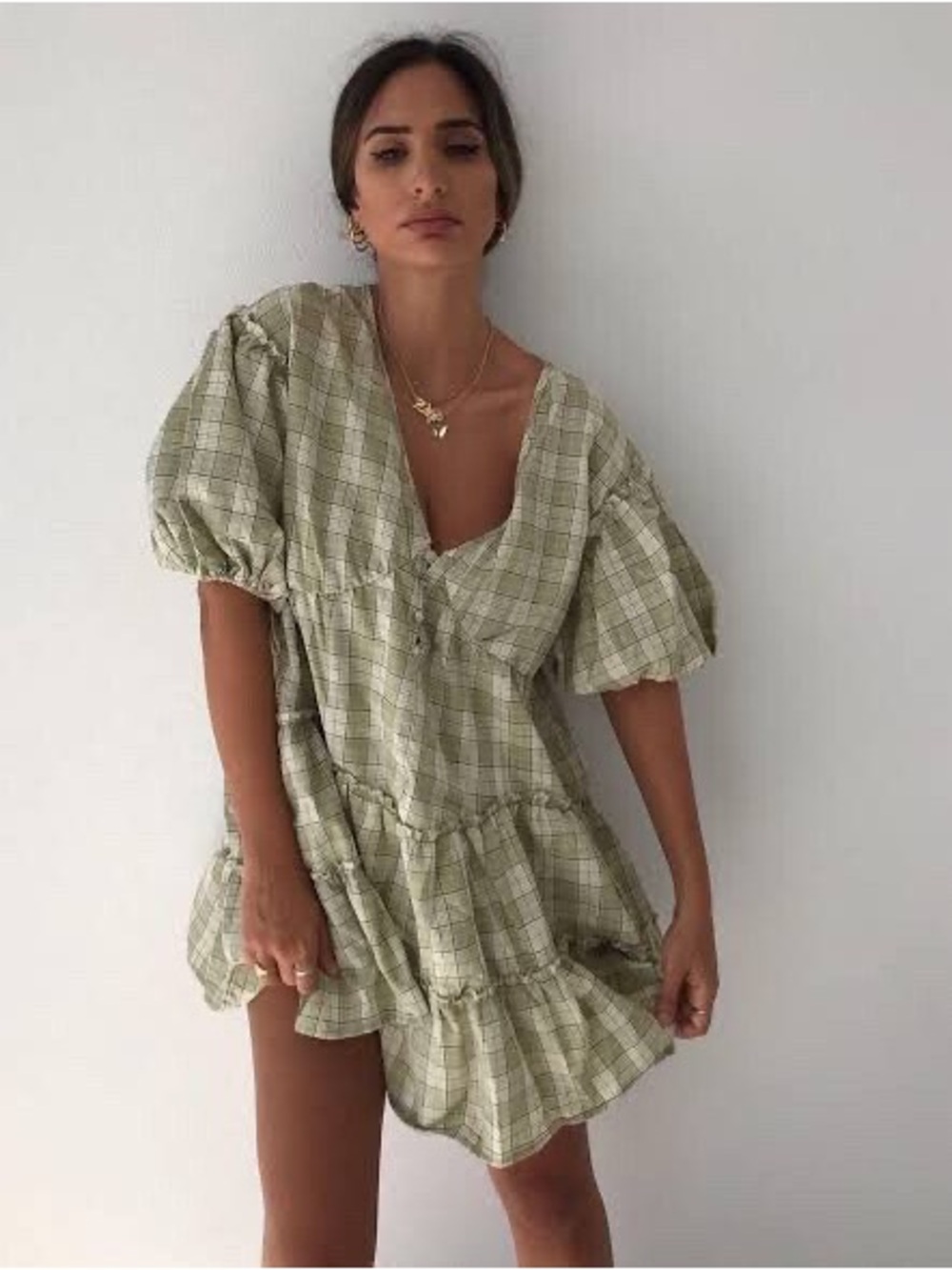 Kendall & Kylie Sage Plaid Puff-Sleeve Tiered Mini Dress